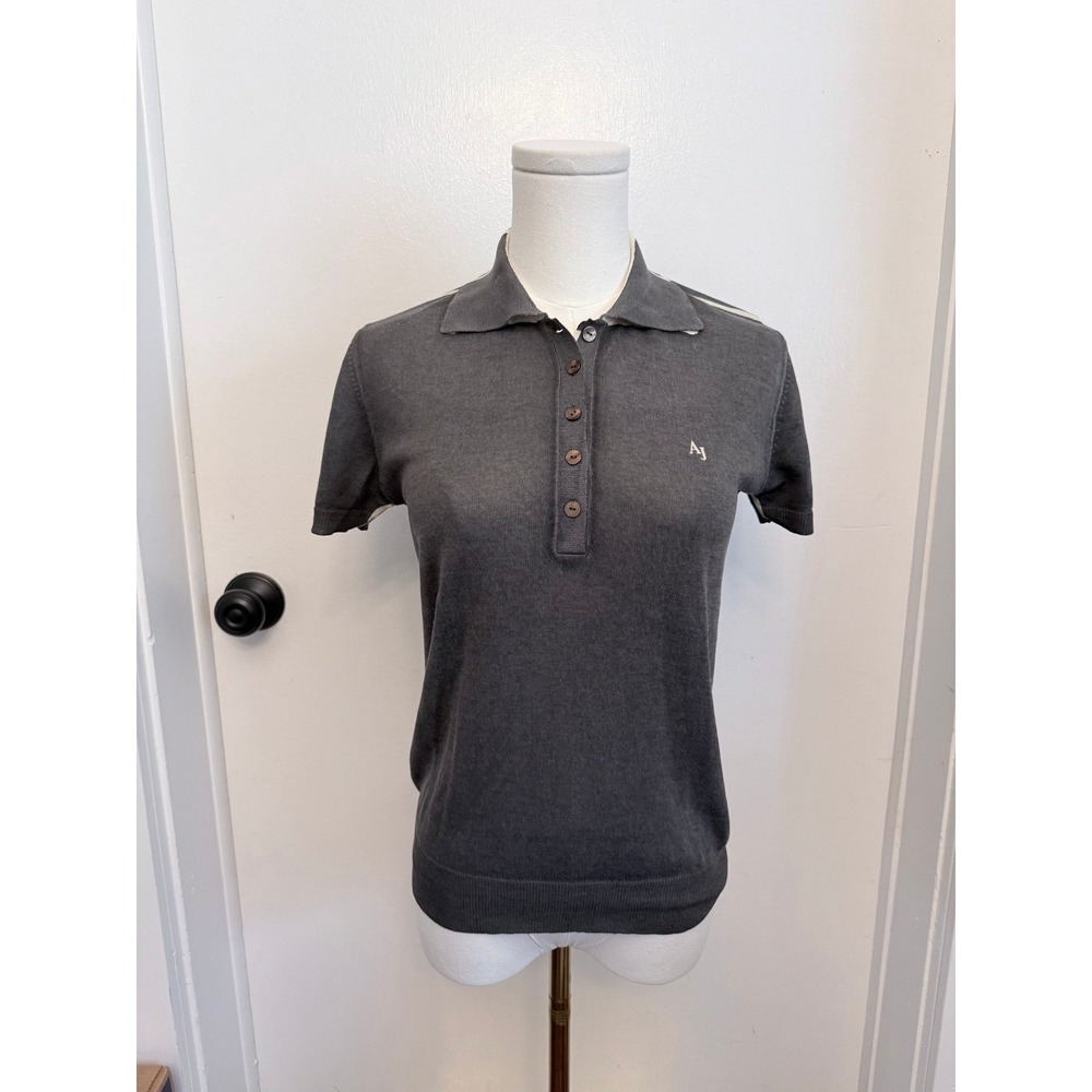 VTG 90S Armani Jeans Silk Wool Polo Sweater Grey Short Sleeve Knit Top Size 10
